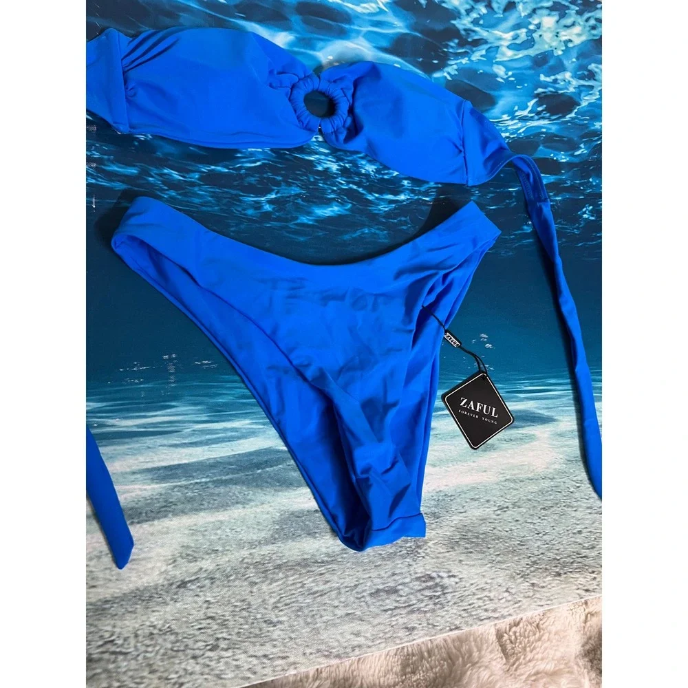 ☀️Zaful Blue O-Ring Bandeau Bikini Set High Cut Swimsuit NWT